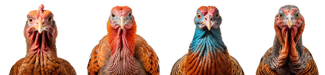 Obraz premium Set of wild Turkeys close up face, isolated on transparent background