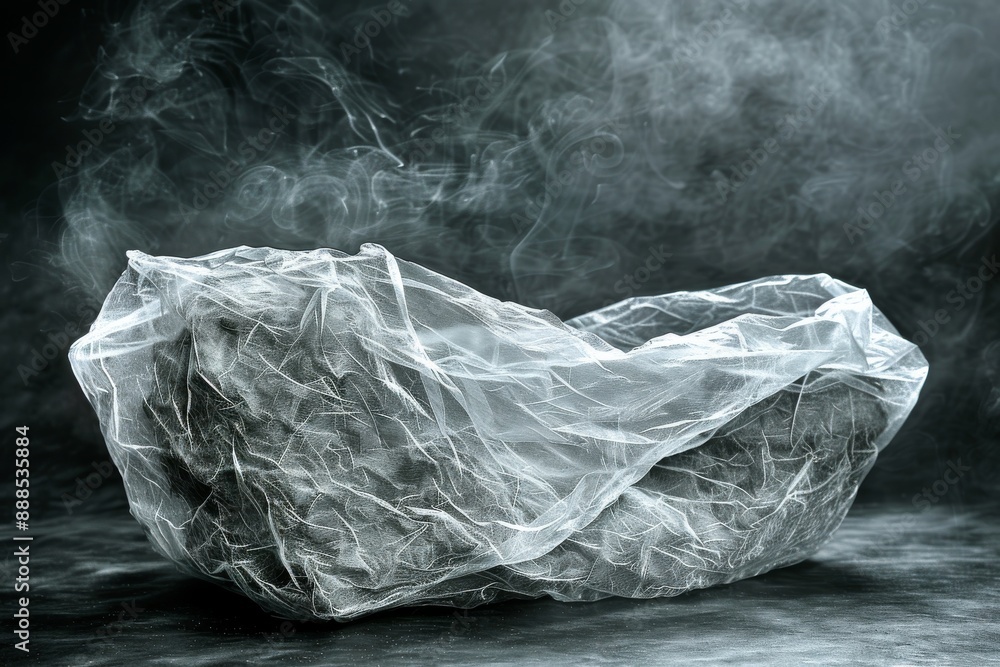 Poster mysterious sculpture wrapped in fabric and fog creating a dramatic and surreal visual