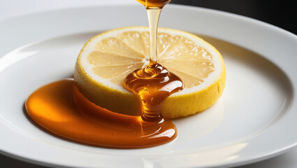 Vibrant Lemon Slice Drizzled with Golden Honey on Elegant White Plate