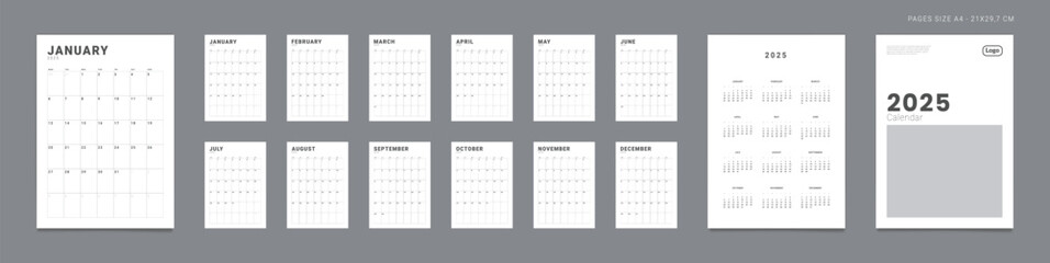 Set of 2025 Pages Monthly Calendar Planner Templates, Annual, Cover with Place for Photo and Company Logo. Vector vertical calendar grid for wall or desk calendar for printing. Week start on Monday