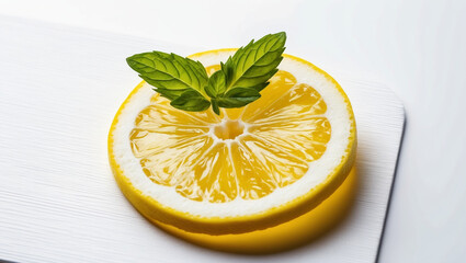 Vibrant Lemon Slice with Fresh Green Mint on Bright White Background