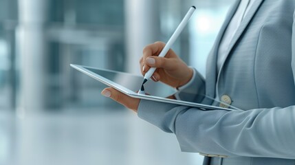 Hands of a business professional holding a digital stylus and tablet, showcasing the integration of modern technology in business tasks. Height Resolution Photo, , Minimalism,