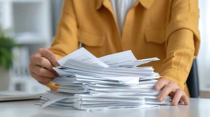 Hands of a business professional organizing documents on a desk, emphasizing meticulous planning and organization in the workplace. Height Resolution Photo, , Minimalism,