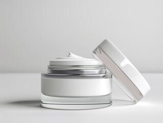 glass jar of beauty cream with silver lid resting on the side and reflected in the white plane