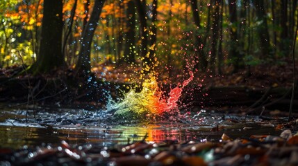 Naklejka premium colorful water splash in a forest environment, with trees and leaves in the background generative ai