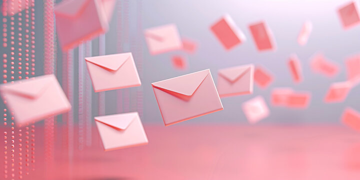 Pink letter envelopes falling. Concept of various messages arriving