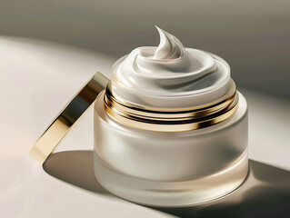 glass jar of beauty cream with gold lid resting on the side and reflected in the white plane