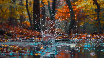 Fototapeta premium colorful water splash in a forest environment, with trees and leaves in the background generative ai
