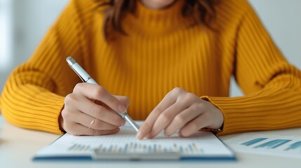 Close-up of hands making notes during a business presentation, illustrating active participation and attention to detail. Height Resolution Photo, , Minimalism,