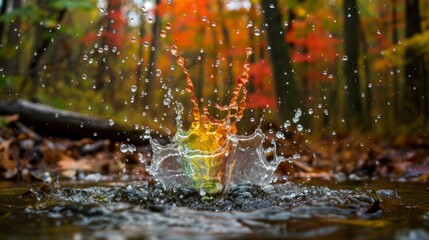 colorful water splash in a forest environment, with trees and leaves in the background generative ai
