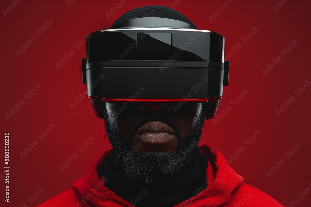 Poster Futuristic portrait of a man with VR headset creating a hightech and immersive visual
