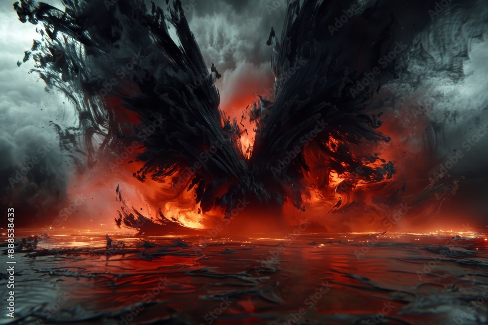 Poster apocalyptic scene with fiery explosion and dark clouds creating a dramatic and intense visual