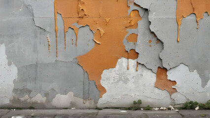 Torn ripped aged, urban street gray concrete wall surface leaking paint grunge rough dirty rust background urban collage texture