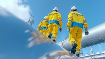 Fototapeta premium Illustration of engineers in a modern petrochemical or oil refinery setting, collaborating joyfully, showcasing teamwork and industrial expertise. Height Resolution Photo, , Minimalism,
