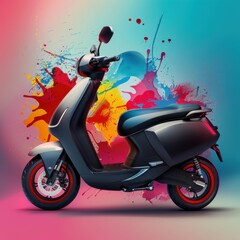 A modern electric scooter with a black body and colorful paint splatter backdrop.