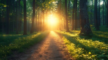Fototapeta premium Sunlit Path Through Lush Forest