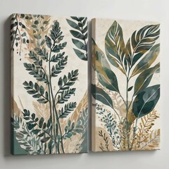 Plant art design on a set of canvases with abstract foliage.