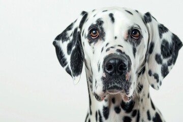 Close up portrait of majestic dalmatian dog with black and white spots on face, animal beauty concept