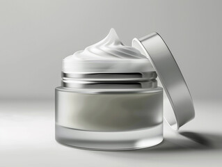 glass jar of beauty cream with silver lid resting on the side and reflected in the white plane