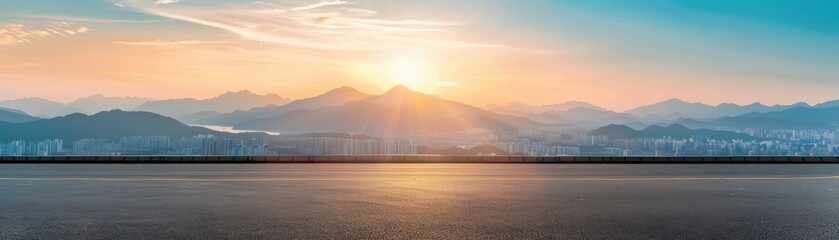 Stunning mountain landscape at sunrise with a clear sky and city skyline in the distance, ideal for nature and travel themes.