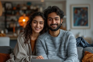 Fototapeta premium A smiling young Indian couple sit on a gray sofa in a modern living room at home. They use a laptop computer together to make online shopping or have a video call with family during their free time, i