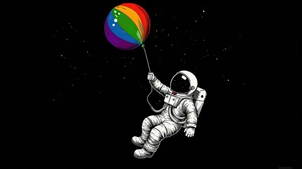 Naklejka premium A cartoon of a man in a space suit holding a rainbow colored balloon