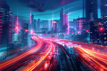 A city at night with a highway in the middle, generative ai image.