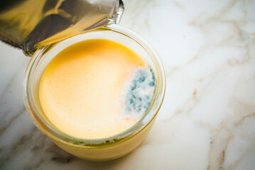 A jar of custard has succumbed to mold, the surface marred by spoilage, exemplifying the importance of food preservation