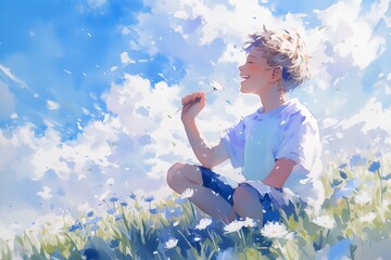 野原に座る笑顔の少年