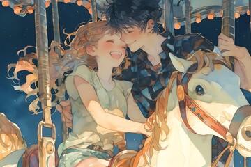 メリーゴーランドに乗るカップル