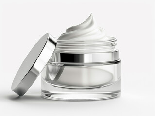 glass jar of beauty cream with silver lid resting on the side and reflected in the white plane