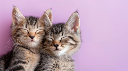 Obraz premium Two Adorable Striped Kittens Cuddling on a Soft Pink Background