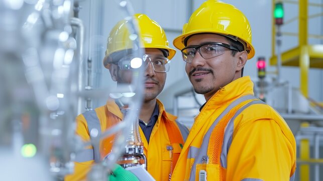 Energetic image capturing engineers in an oil refinery, collaborating seamlessly and demonstrating skilled teamwork. Height Resolution Photo, , Minimalism,