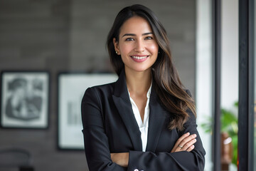 Fototapeta premium A woman in a black suit is smiling and posing for a photo, generative ai image.