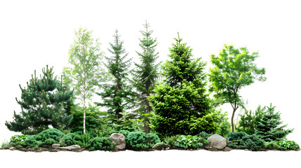 Forest landscape with tall green trees and shrubs. Isolated on a transparent background.