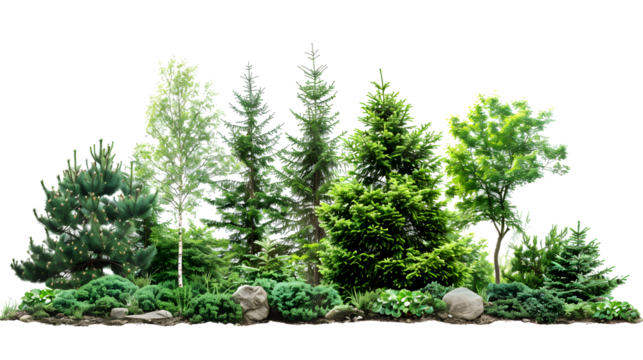 Forest landscape with tall green trees and shrubs. Isolated on a transparent background.