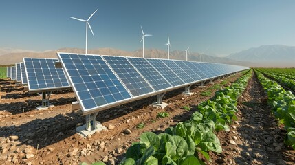 Dynamic illustration capturing farmers integrating renewable energy sources like solar and wind power into their agricultural operations. Height Resolution Photo, , Minimalism,