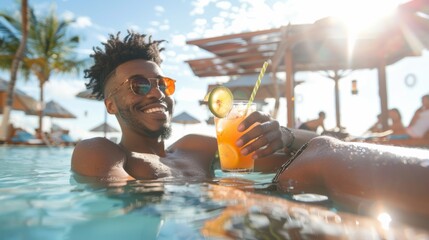 Photograph of an attractive and relaxed black African American male hotel guest. Sip cocktails in the hotel's outdoor pool during the summer holidays.