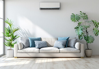 Decorative sofa furniture set in the room, grey stone wall, yellow niche and bookshelf, home decor.