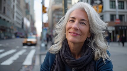 Fototapeta premium Photograph of attractive smiling, white-haired adult woman posing on a city street, looking at the camera.