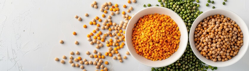 Top view of mixed grains and lentils in two white bowls on a light background. Healthy food and diet concept with colorful legumes.