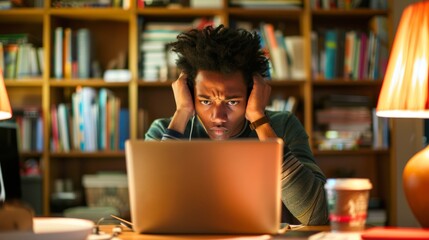 person with frustrated expression, looking at his laptop generative ai
