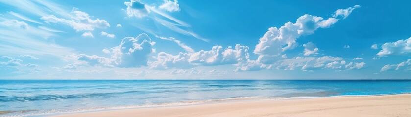 Fototapeta premium Tranquil beach with calm ocean waves under clear blue sky and fluffy white clouds. Perfect relaxing getaway or summer destination.