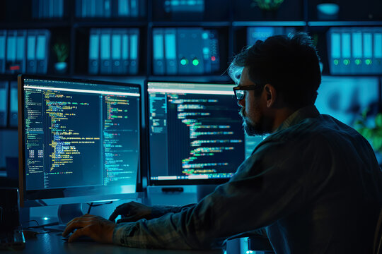 A man is sitting at a desk with two computer monitors and a keyboard, generative ai image.