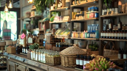 Fototapeta premium A Rustic Shop Interior with Wooden Shelves and Products