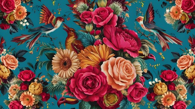 A vibrant tapestry of roses, daisies, and birds in a captivating seamless pattern, capturing the essence of nature's beauty and color.  