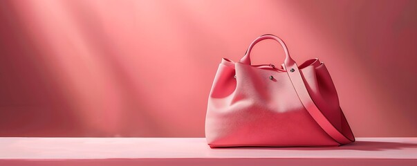 Minimalist pink bag on a table, pink background, captured in HD.
