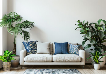 Decorative sofa furniture set in the room, grey stone wall, yellow niche and bookshelf, home decor.