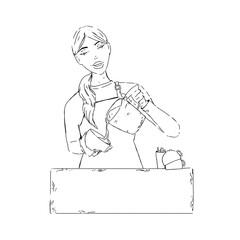 Barista girl making coffee at the counter sketch black and white illustration