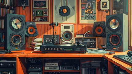 Illustration of a podcast room with vintage furniture and vivid, psychedelic color scheme.